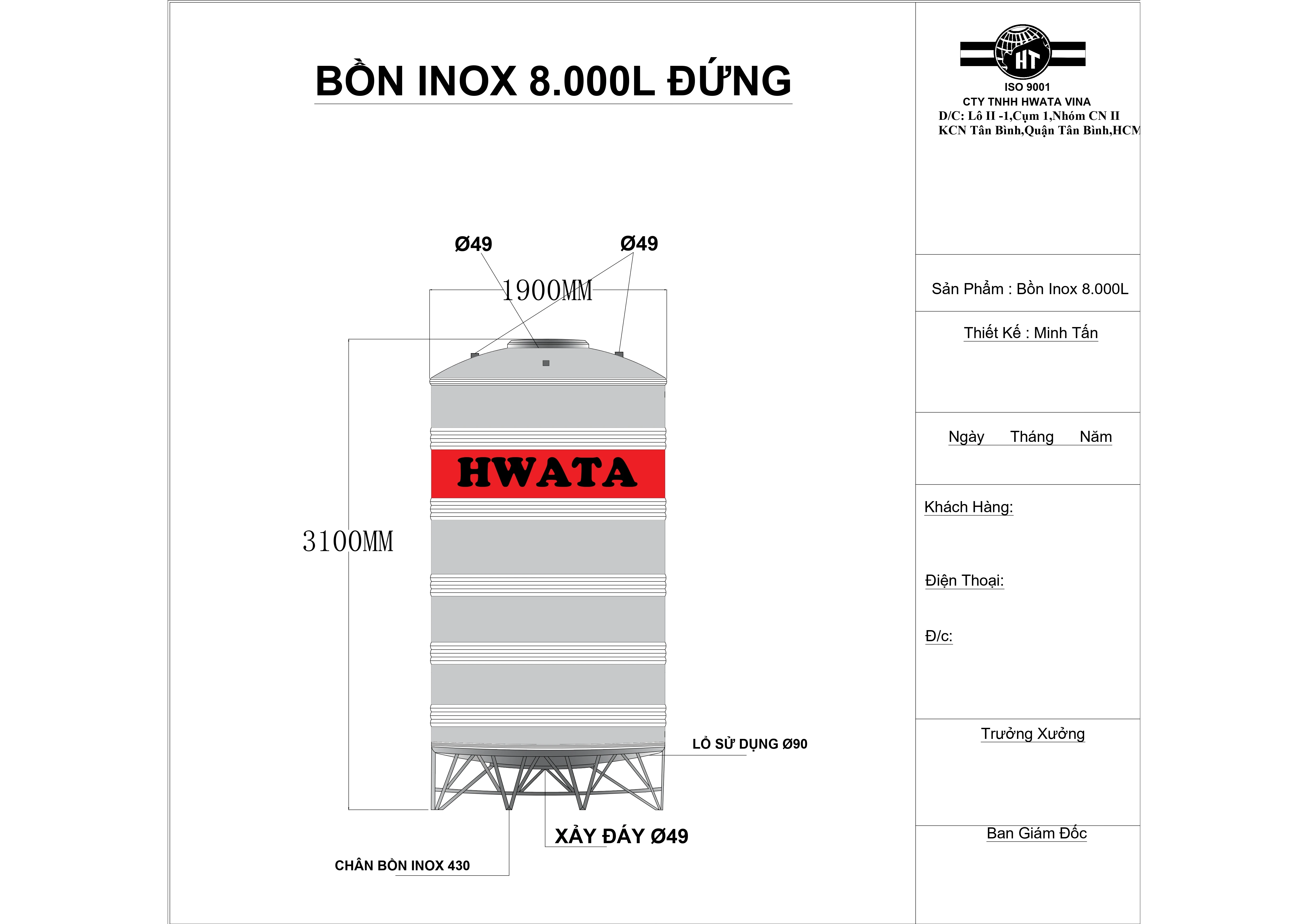 Bản vẽ kỹ thuật Bồn Nước Inox Hwata 8000L Đứng HW8000D Bản vẽ kỹ thuật Bồn Nước Inox Hwata 8000L Đứng HW8000D